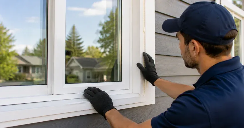 technician comparing full-frame and retrofit window replacement options in Smithville