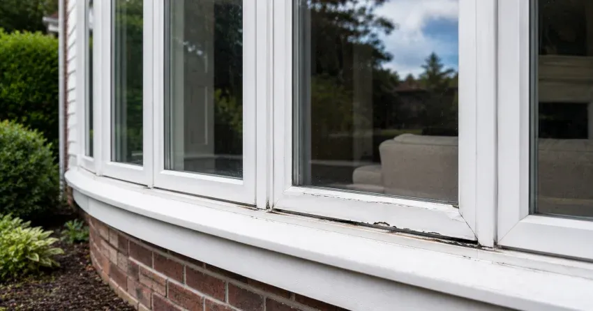 technician inspecting bow window frame and seal for damage in Smithville
