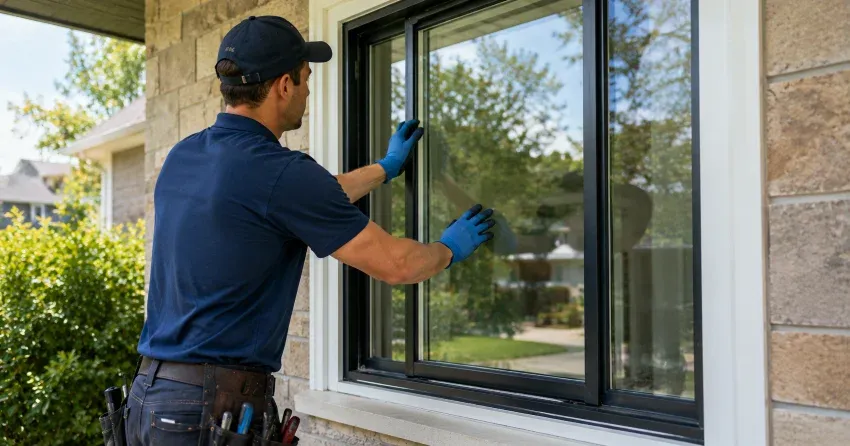 technician measuring a broken window pane for replacement in Fulton, Smithville