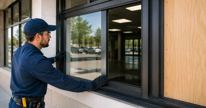 technician boarding a broken window after a break-in in Caistor Centre, Smithville