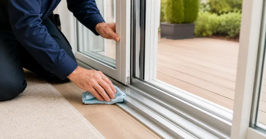 technician inspecting a sliding patio door track in Fulton, Smithville