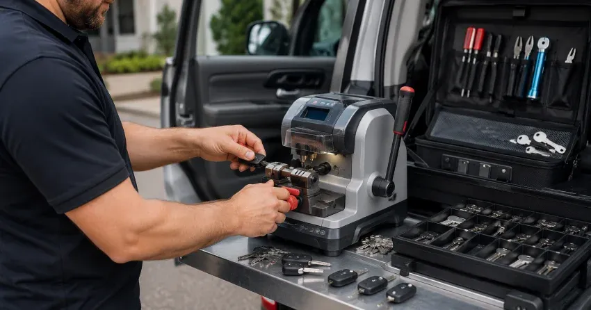 technician cutting a replacement car door lock key in Winslow, Smithville