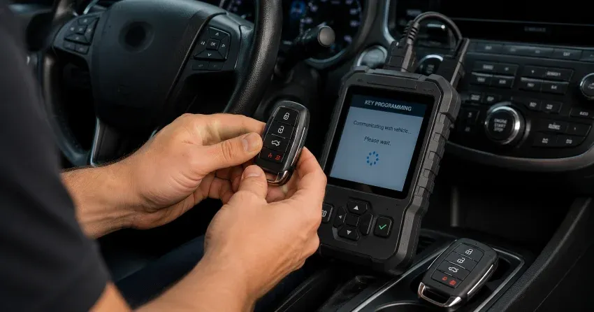 technician inspecting a worn car key before replacement in Smithville