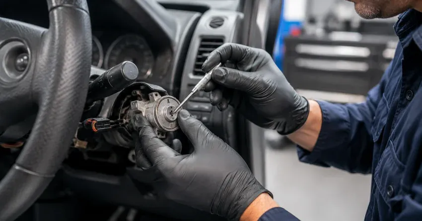 technician diagnosing an ignition lock repair issue in Fulton, Smithville