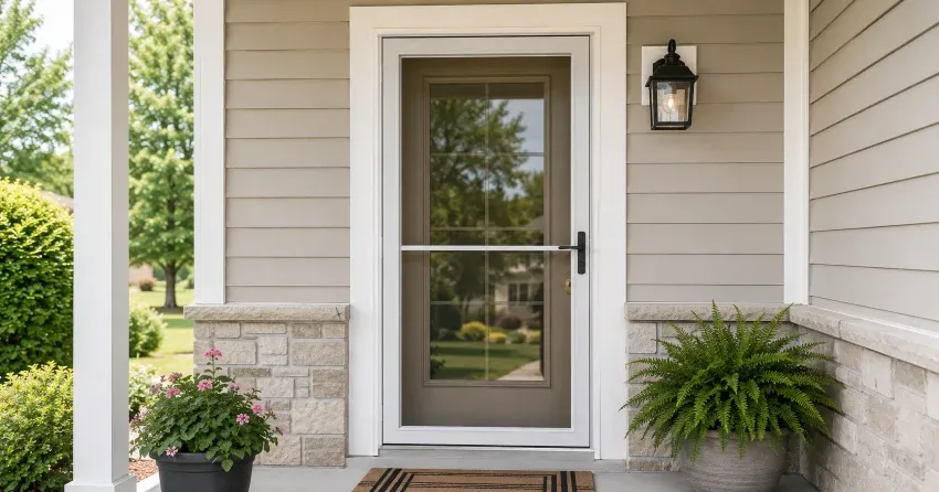 technician hanging storm door square and plumb in Smithville
