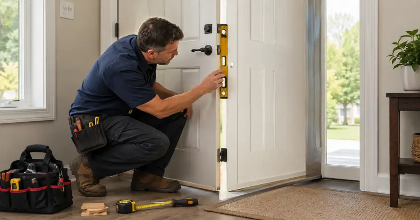 technician diagnosing a misaligned door frame in Smithville