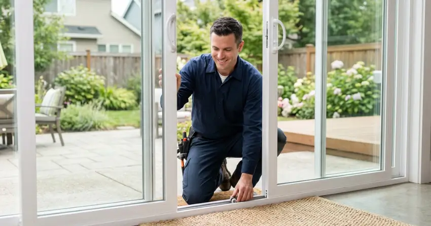 technician diagnosing a sticking patio door in Fulton, Smithville