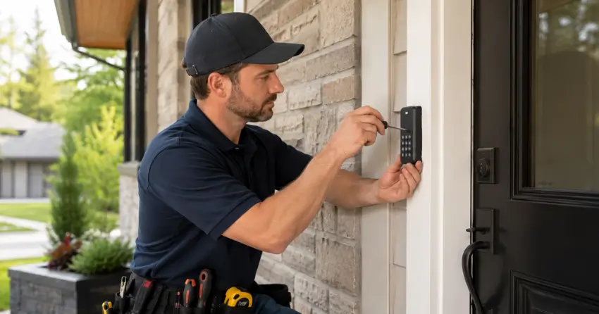 Technician installing an access control system keypad beside a residential front door in Smithville