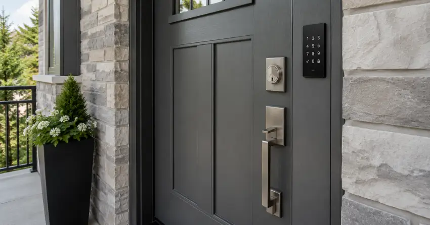 High-security door hardware and access control keypad installed on a residential entry door in Smithville