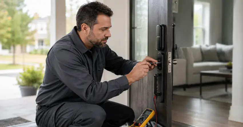 technician diagnosing automatic door lock mechanism on residential door in Smithville