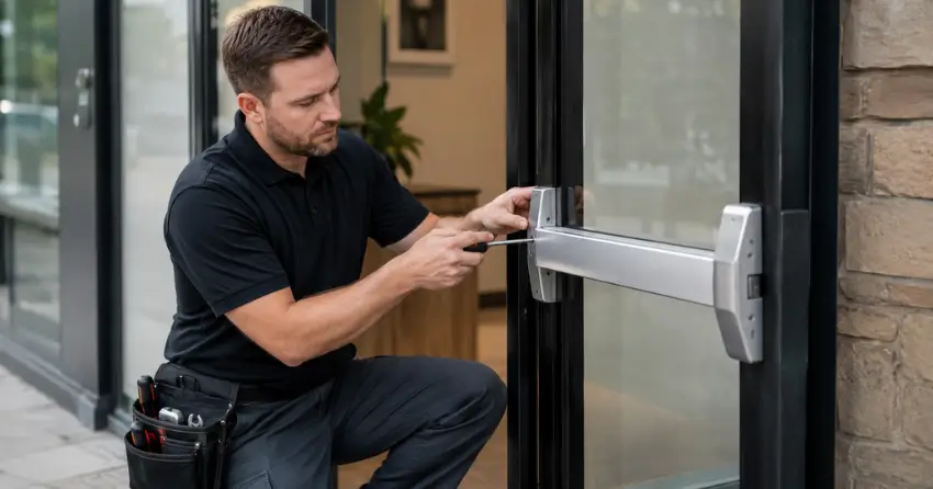commercial locksmith repairing exit device on storefront door Brookside Area, Smithville