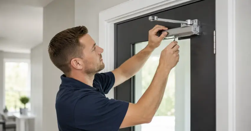 technician adjusting door closer hydraulic valve in Brookside Area, Smithville home