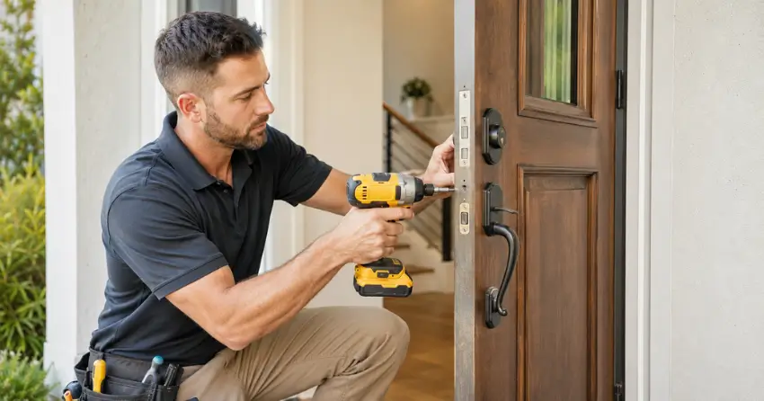 locksmith installing new deadbolt lock on front door in Smithville