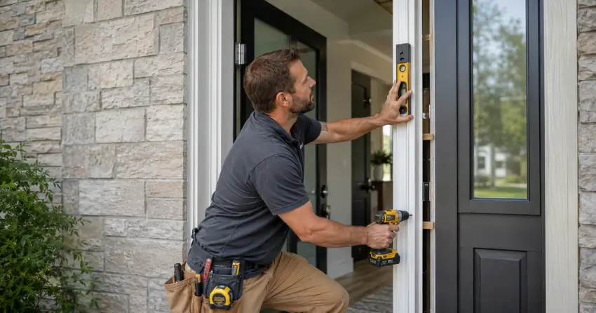 technician installing a new exterior door frame in Smithville