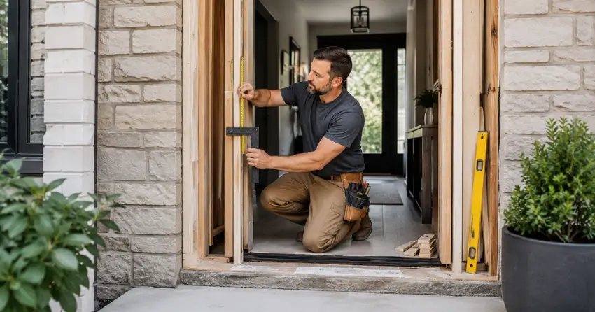 exterior door installer assessing rough opening in Caistorville, Smithville