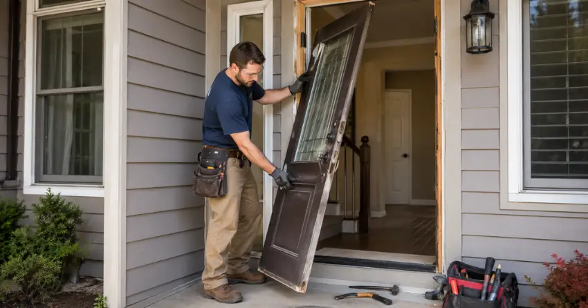 old exterior door being removed for replacement in Fulton, Smithville
