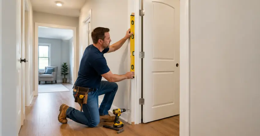 technician installing a pre-hung interior door in a home hallway Brookside Area, Smithville