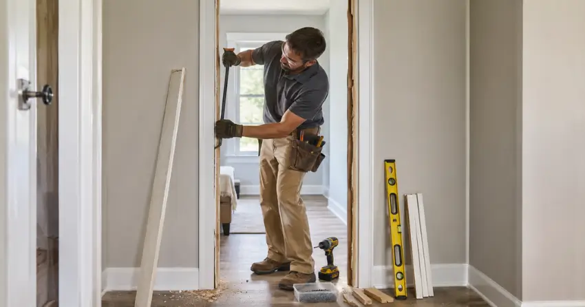 technician removing an old interior door frame during installation Caistorville, Smithville