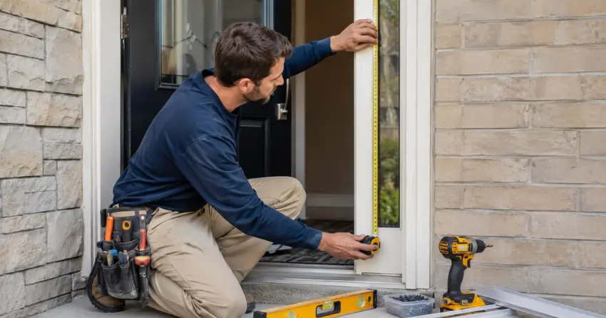 technician measuring door frame before storm door install in Caistor Centre, Smithville