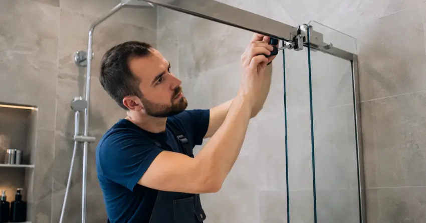 technician adjusting shower door hinge and track in Downtown Smithville, Smithville