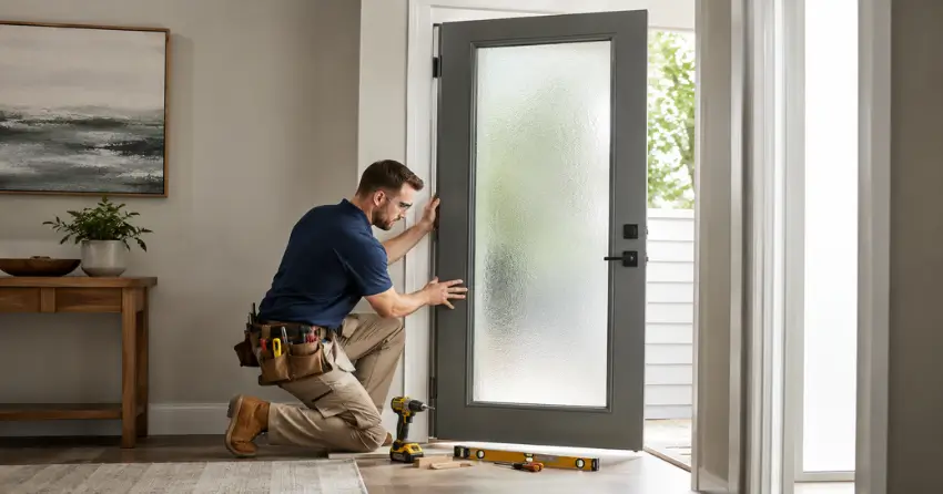 glass panel door installation with frosted privacy glass in residential setting in Fulton, Smithville