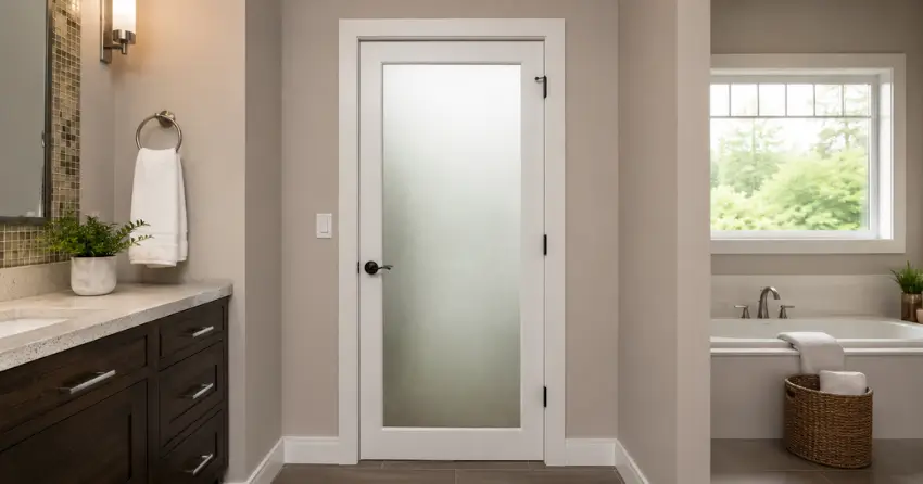 frosted glass panel bathroom door installed in a Brookside Area, Smithville home