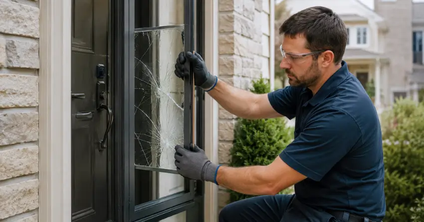 technician removing cracked storm door glass panel in Caistor Centre, Smithville