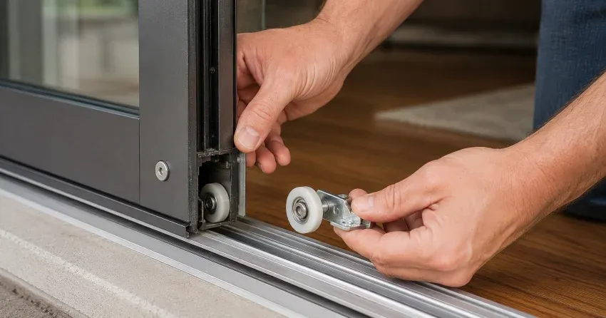 sliding door alignment Smithville technician adjusting roller track