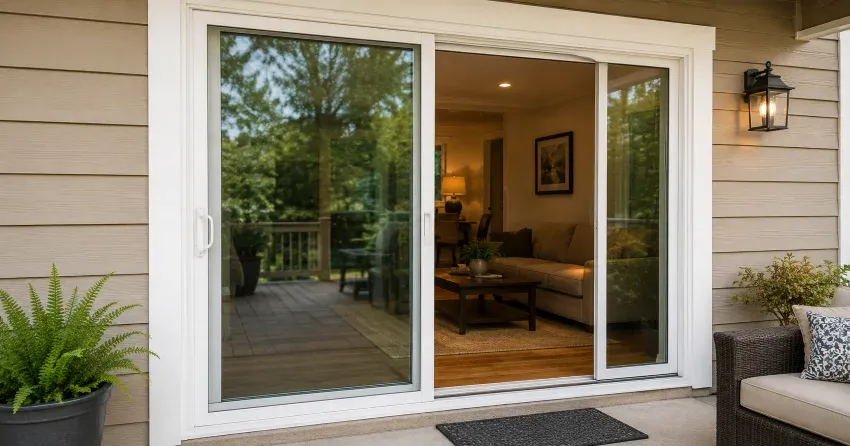 Patio Door Installation technician setting a new frame in Brookside Area, Smithville