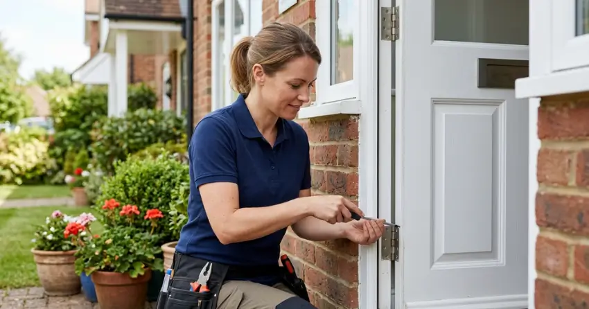 technician repairing exterior door hinge and frame in Brookside Area, Smithville