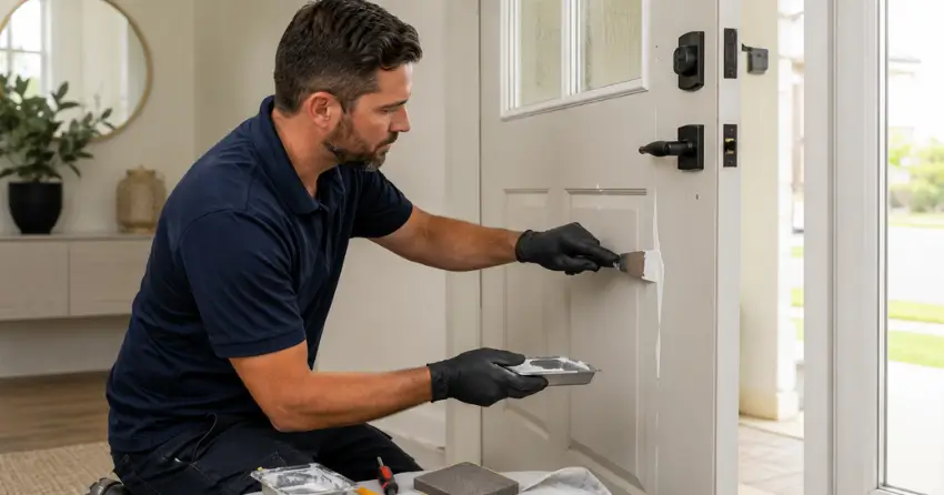 technician repairing fiberglass door surface crack in Fulton, Smithville