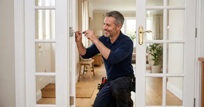 technician adjusting French door hinge for proper alignment in Bismark, Smithville