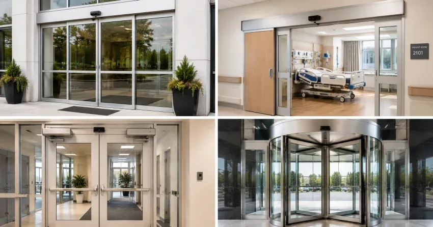 automatic door services technician completing system diagnostic in Smithville