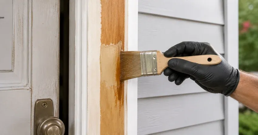 technician probing rotted wood on a door frame in Smithville