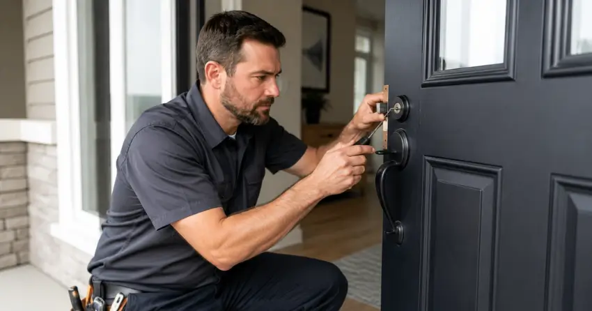 licensed locksmith technician working on residential deadbolt in Fulton, Smithville
