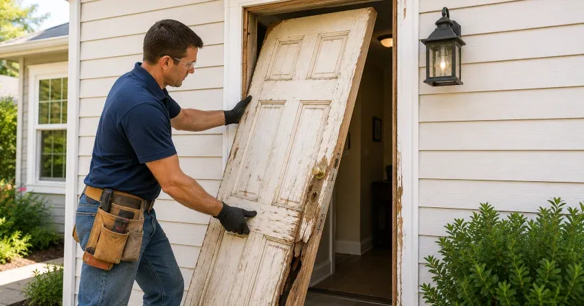 warped exterior door frame showing weather damage in Smithville