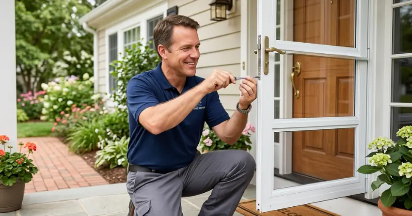 technician adjusting storm door hinge and closer in Fulton, Smithville