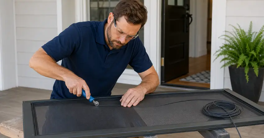 technician replacing screen door mesh and spline in Fulton, Smithville