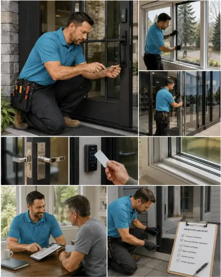 A technician adjusting a patio door roller assembly on site